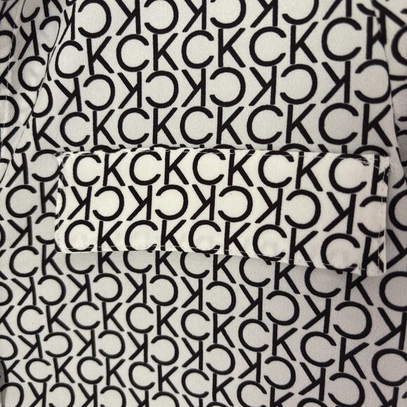 Calvin Klein Roll Sleeve V Neck Button Down CK Logo Size M Dressy Blouse #BD - Picture 8 of 10